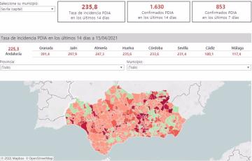 Mapa de Andalucía con nivel de incidencia de Covid-19 por municipios a 15 de abril de 2021 - JUNTA DE ANDALUCÍA