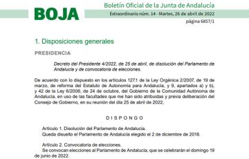 Publicación en Boja del decreto de disolución del Parlamento 