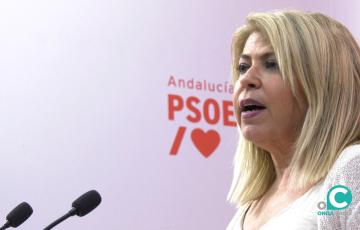 Mamen Sánchez en la sede provincial del PSOE de Cádiz durante su rueda de prensa.