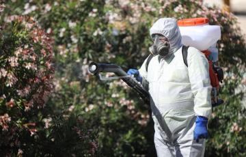 Un operario inicia las labores de fumigación en un parque de la ciudad