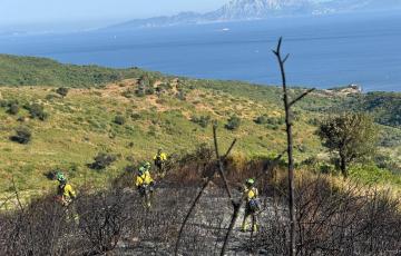 Efectivos de Infoca actuando en la tarde de este sábado contra el incendio en Algeciras.