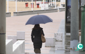 Una mujer camina protegida con un paraguas por el Paseo Maritimo de la capital gaditana