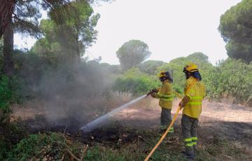 Efectivos del Plan Infoca actuando en el incendio declarado en Puerto Real el lunes 9 de junio.