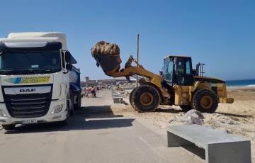 Maquinaria pesada recogiendo algas invasoras de una playa de Tarifa