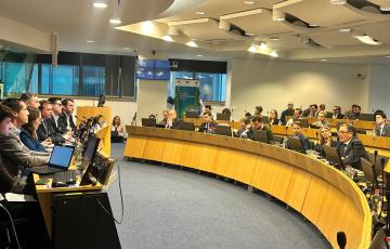 Imagen de la intervención del secretario general de Agua, Ramiro Ángulo, en el I Foro Europeo Water Resilience, celebrado en Bruselas.