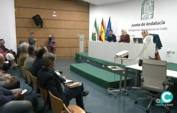 La delegada de la Junta en Cádiz, Mercedes Colombo, en una reunión con alcaldes y representantes de ayuntamientos de la provincia y de la Diputación de Cádiz.