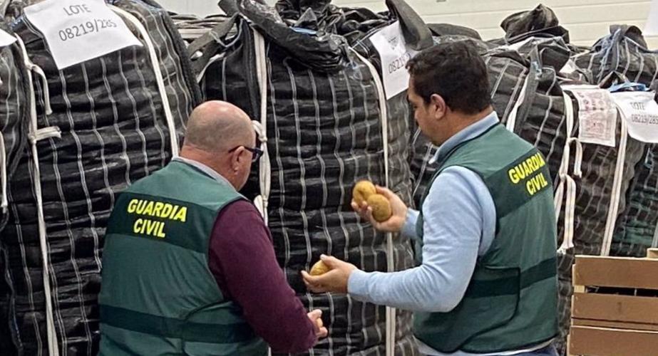 Guardias civiles inspeccionan patatas etiquetadas fraudulentamente