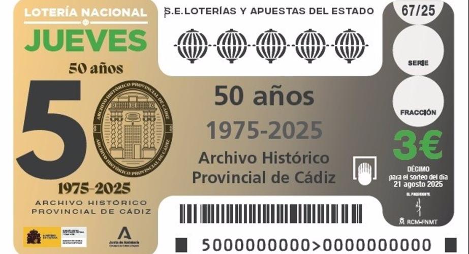 Boleto de la Lotería Nacional dedicado al Archivo Histórico Provincial de Cádiz