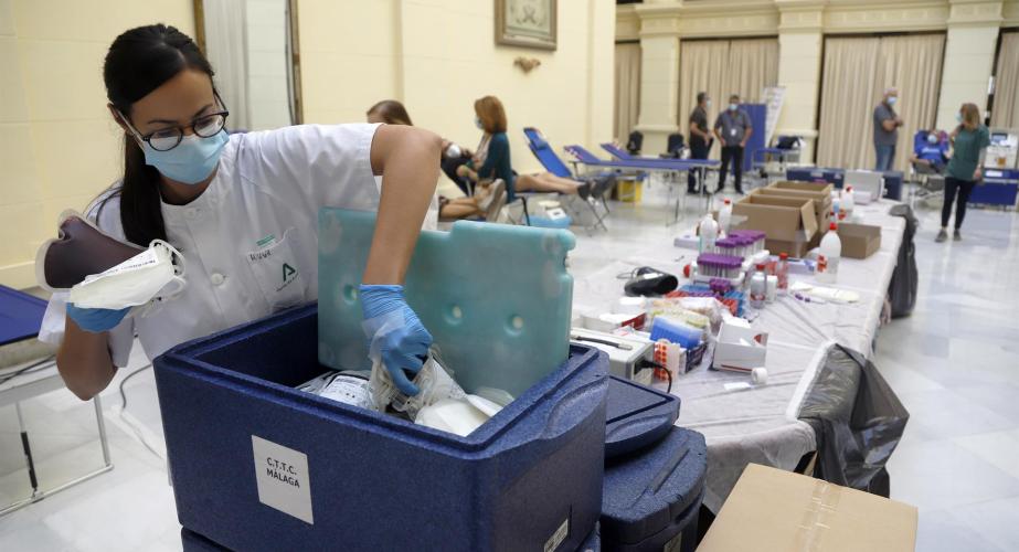 Una enfermera deposita las bolsas de sangre en un contenedor frigorífico