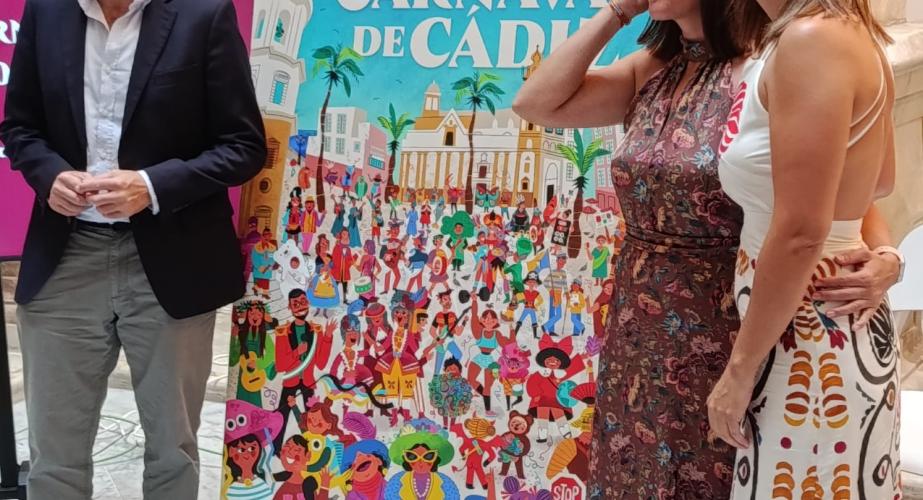 El alcalde de Cádiz, Bruno García; la teniente de alcalde delegada de Fiestas y Carnaval, Beatriz Gandullo, y la diseñadora gráfica e ilustradora gaditana, Raquel Jove, junto al cartel. 