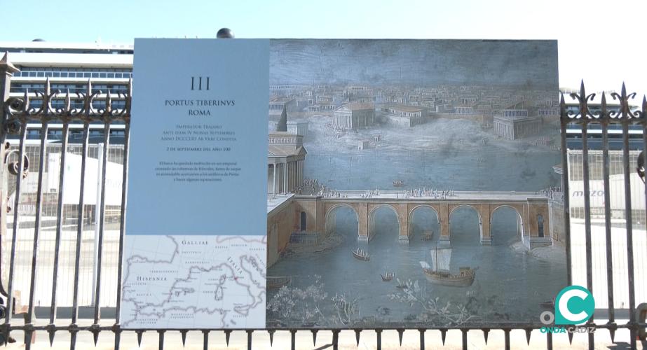 Uno de los paneles que conforman la exposición “De Roma a Gades. Ruta Marítima”, inaugurada este lunes. 