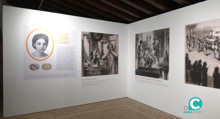 Primeros paneles que se ilustran en la exposición 'Ritual funerario romano y hallazgos arqueológicos en Gades'.