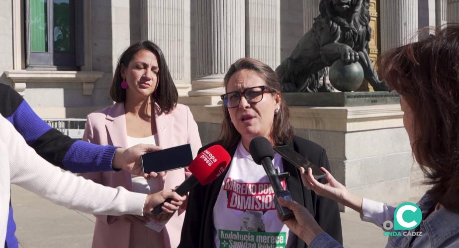 Esther Gil de Reboleño atiende a los medios ante la puerta de la Cámara Baja en Madrid