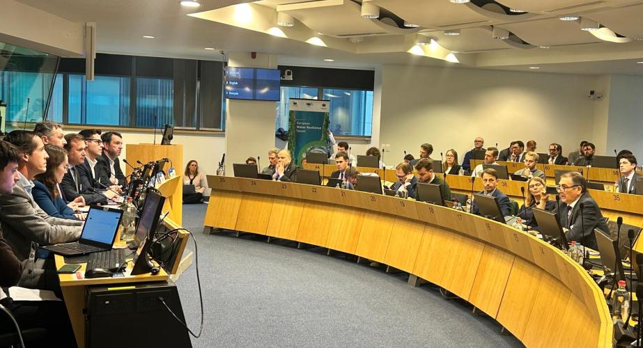 Imagen de la intervención del secretario general de Agua, Ramiro Ángulo, en el I Foro Europeo Water Resilience, celebrado en Bruselas.