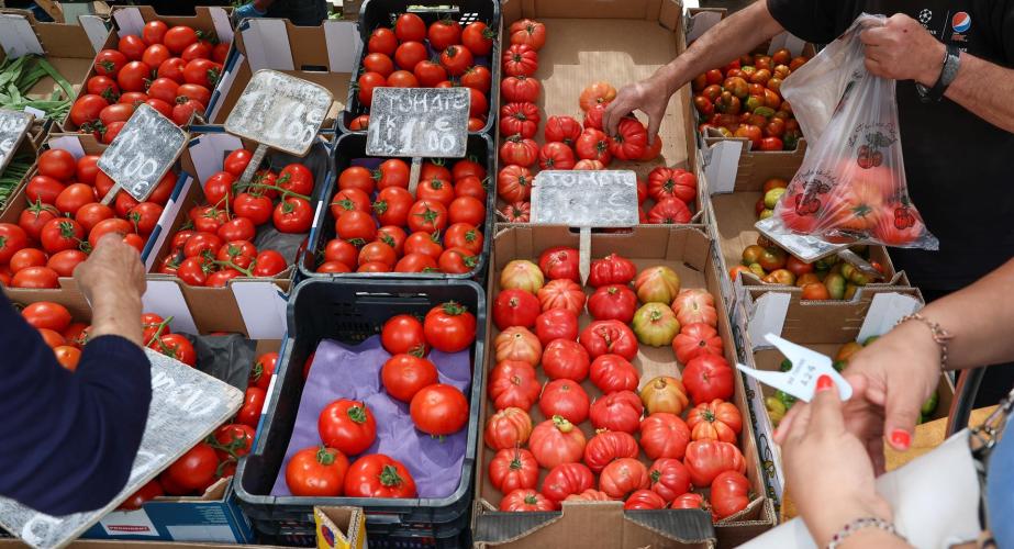 Cajas de tomates en un mercado 