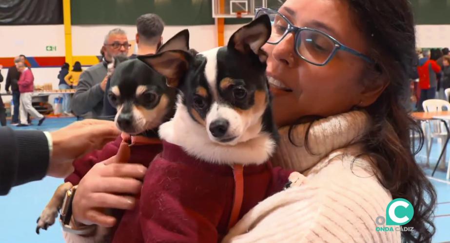 Una de las evacuadas con sus perros en el Pabellón de Ronda