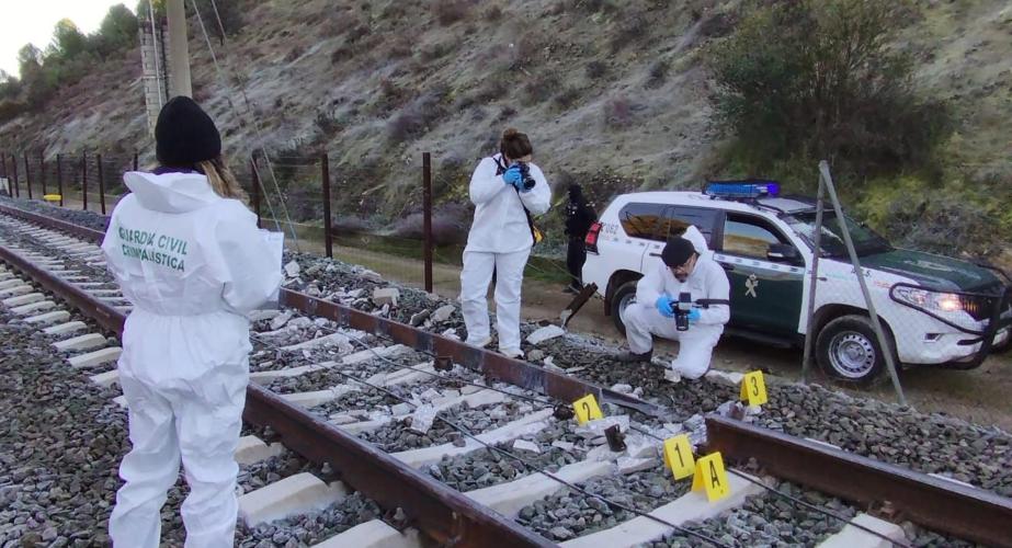 Agentes de la Guardia Civil inspeccionan un punto de rotura de la vía del tren 