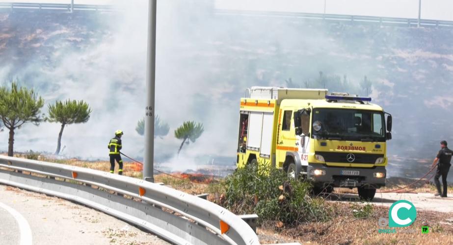 Un camión y varios efectivos de bomberos en la tarde de este lunes en el lugar del siniestro
