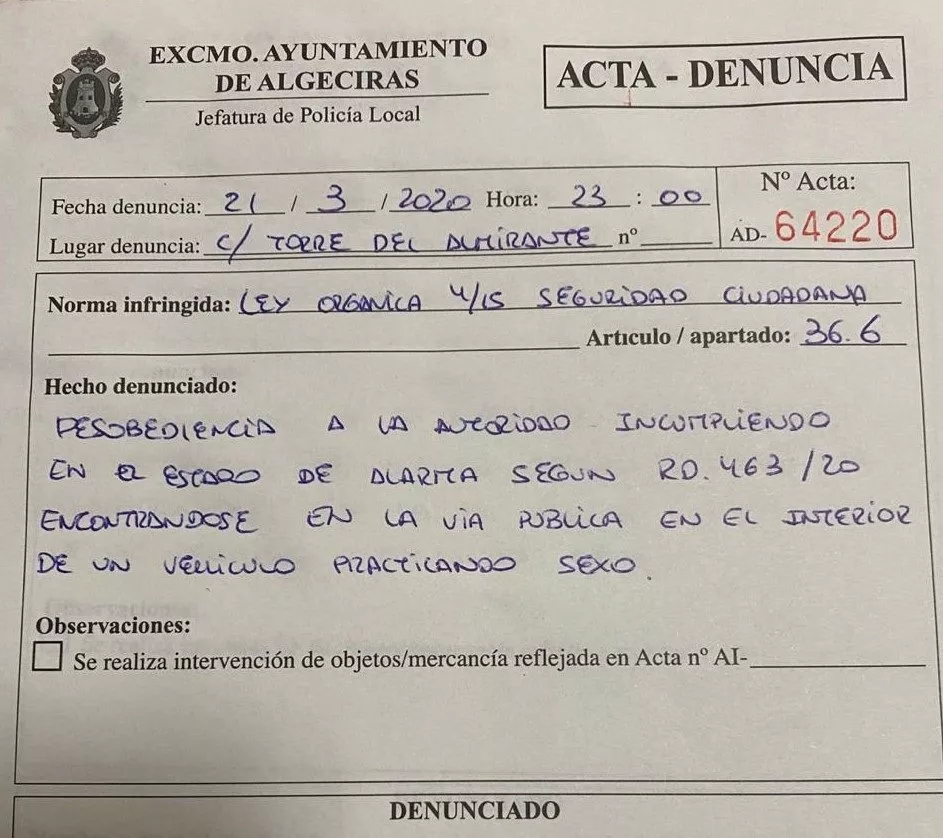 Multada una pareja en algeciras por practicar sexo en un coche durante el  estado de alarma | Onda Cádiz RTV