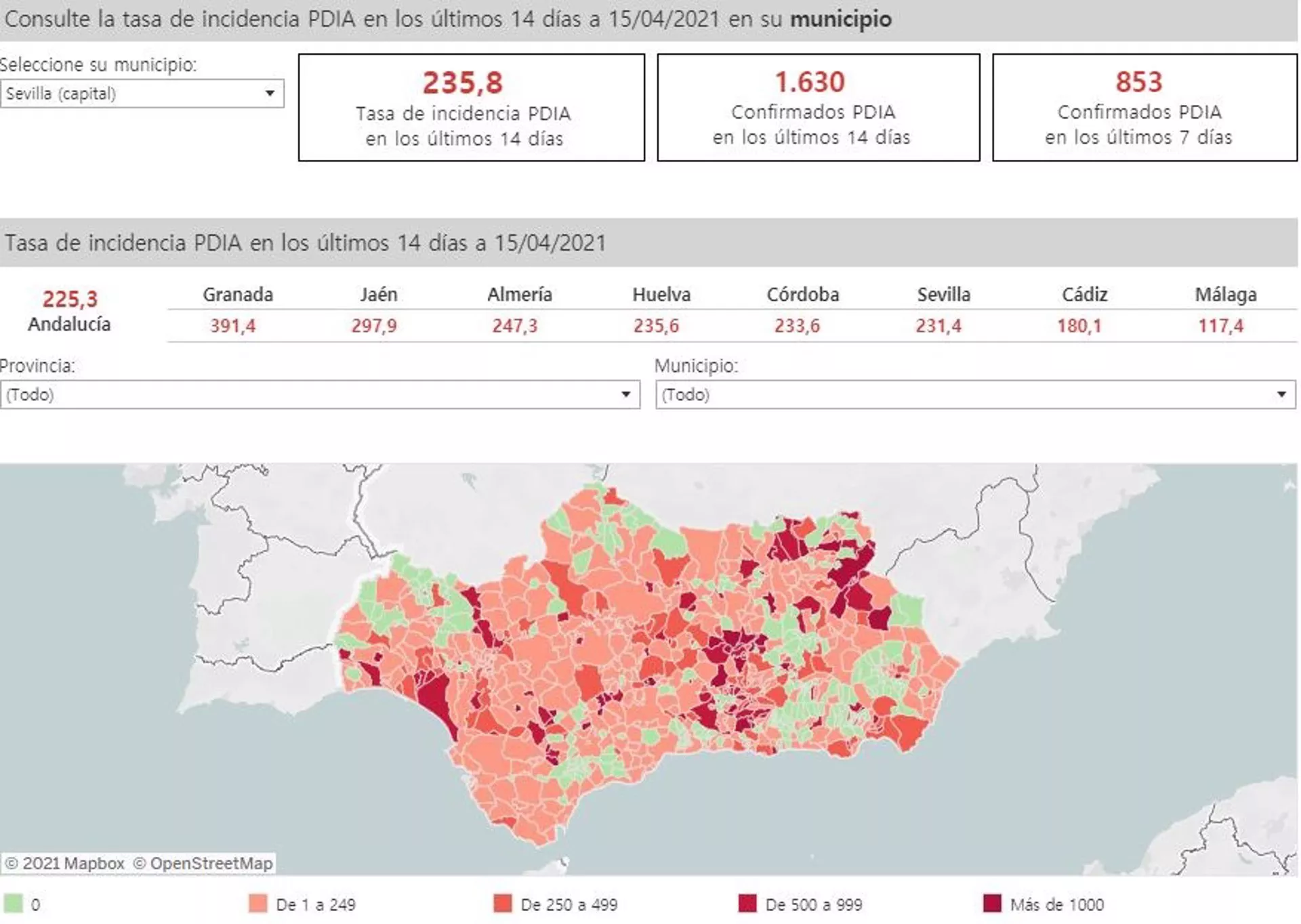 Mapa de Andalucía con nivel de incidencia de Covid-19 por municipios a 15 de abril de 2021 - JUNTA DE ANDALUCÍA