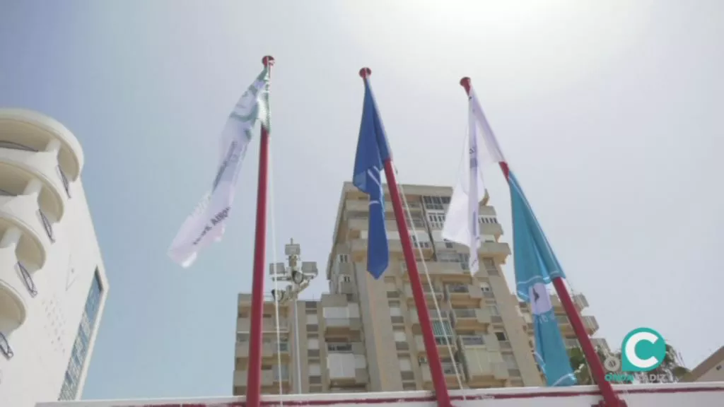 Imagen de la banderas de calidad izadas en la Playa Victoria 