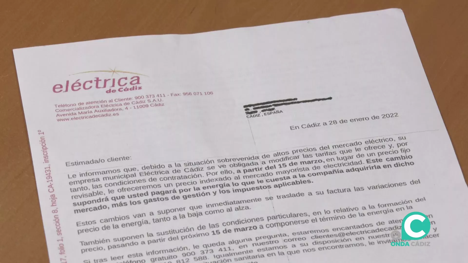 Factura de Eléctrica Cádiz que ha llegado a las clientes.