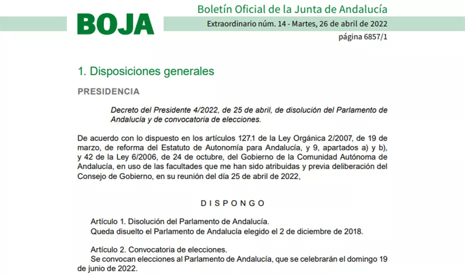 Publicación en Boja del decreto de disolución del Parlamento 