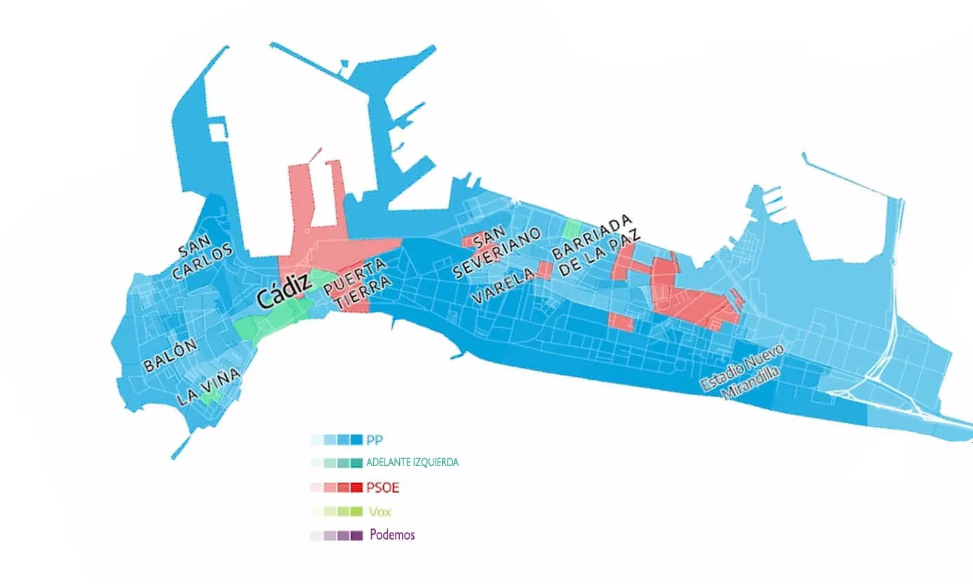 El resultado mayoritario de las mesas electorales del 28M en favor del PP deja un mapa en Cádiz casi totalmente teñido de azul