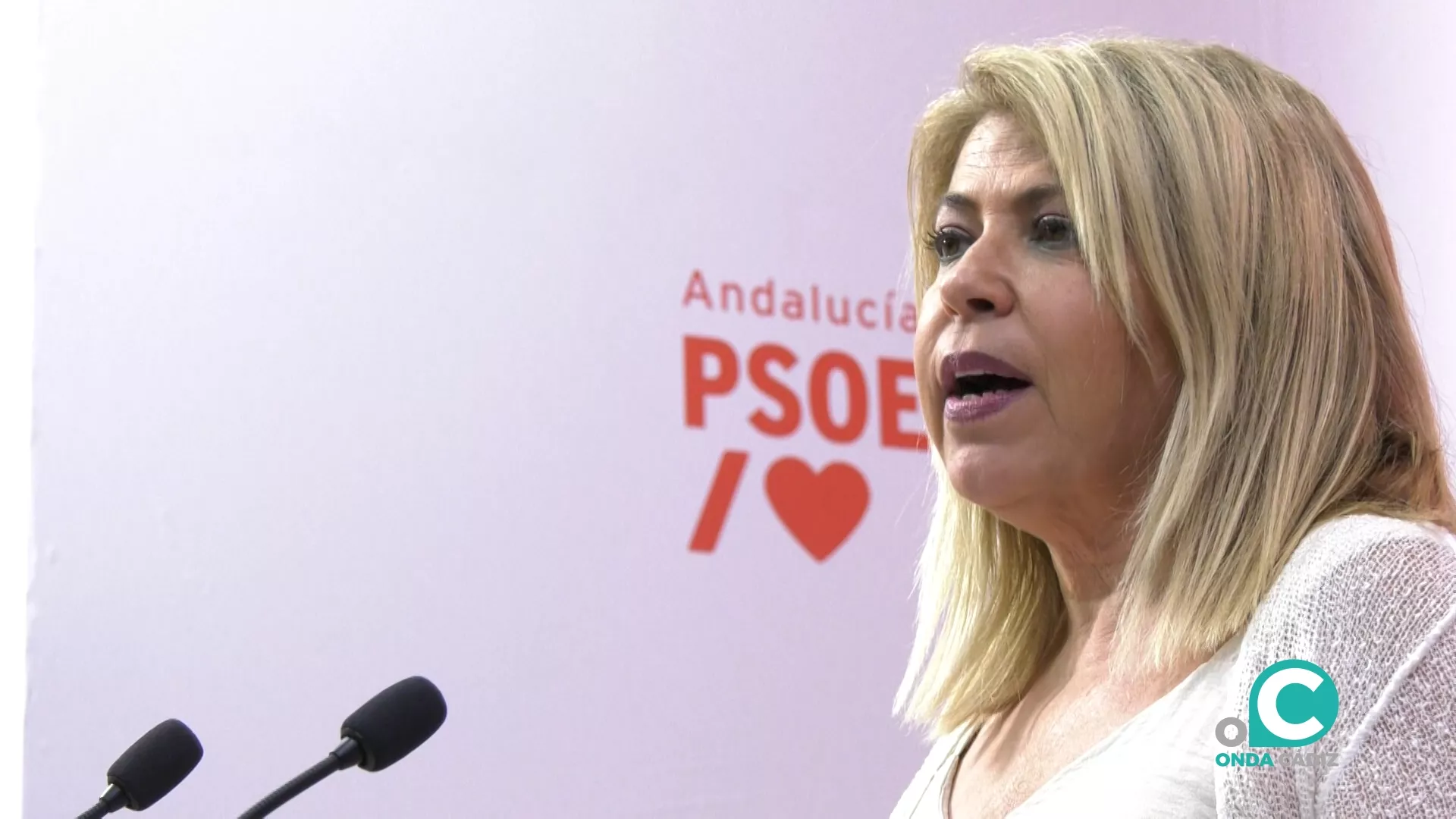 Mamen Sánchez en la sede provincial del PSOE de Cádiz durante su rueda de prensa.