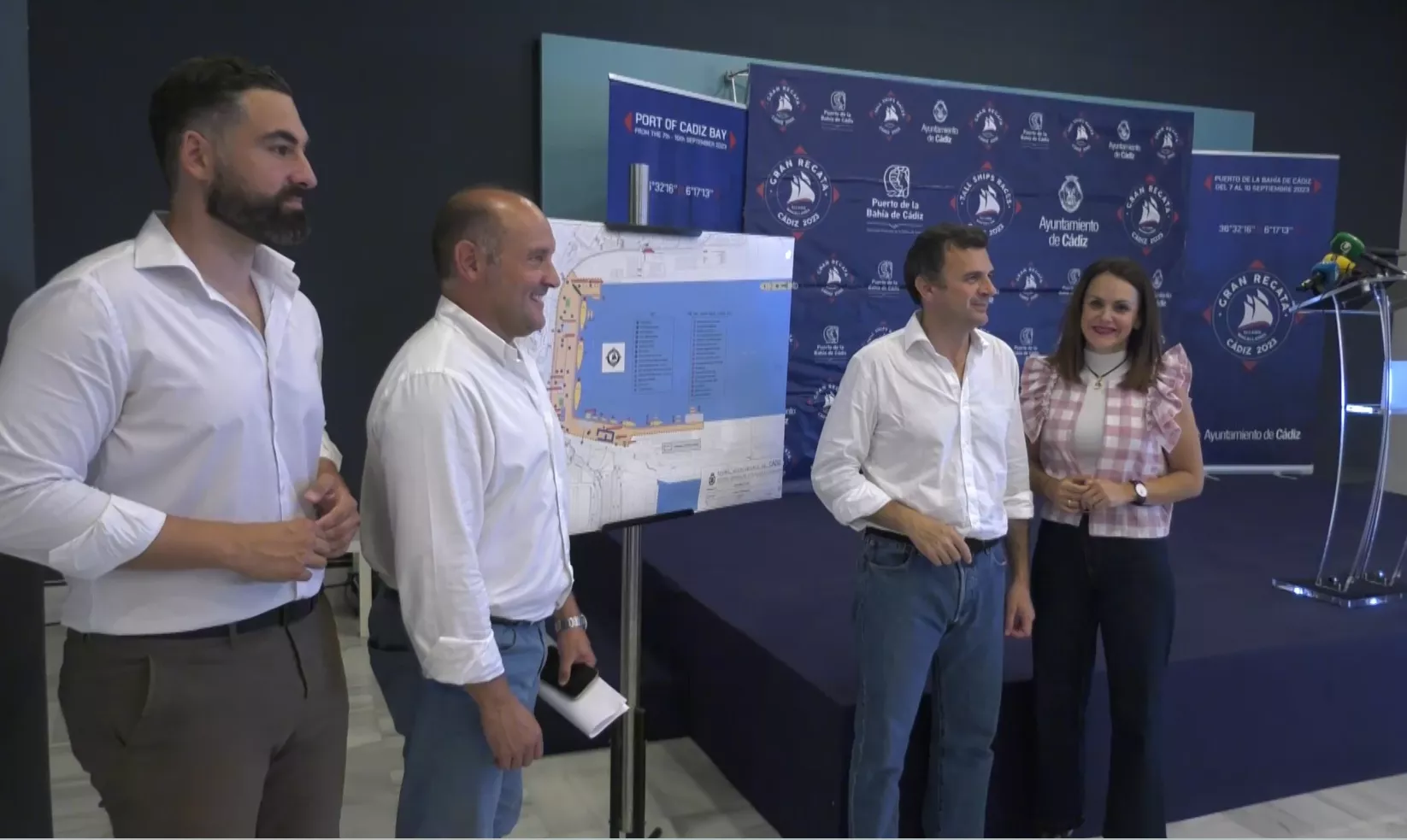 El alcalde Bruno García, junto al coordinador de la Gran Regata y los concejales de Deportes y de Turismo y Fiestas, durante la presentación de la programación municipal de la Regata de Grandes Veleros 2023