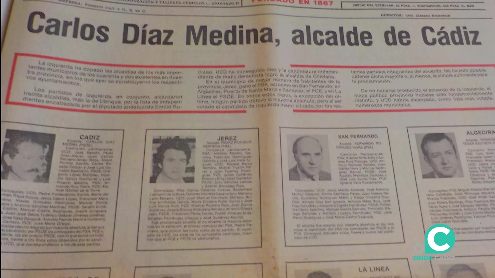 Portada de prensa de 1979 anunciando la constitución del Ayuntamiento de Cádiz de aquel momento.