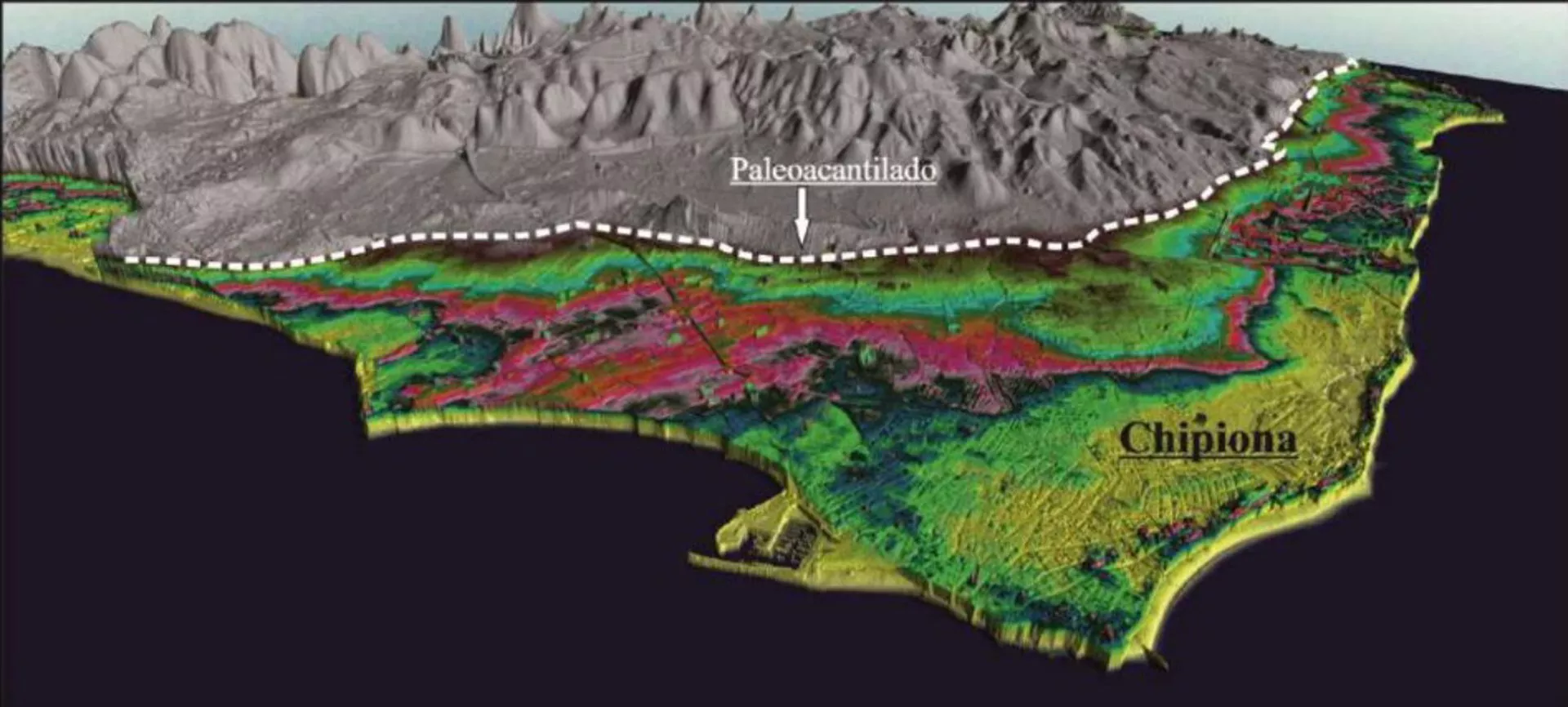 Modelo en 3D del área de estudio, entre las los municipios de Chipiona y Sanlúcar de Barrameda