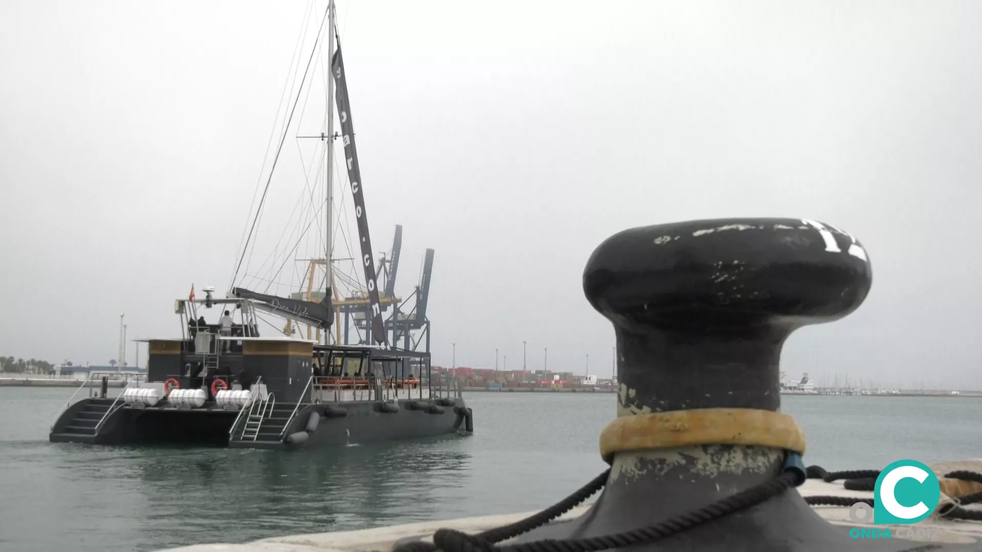 El catamarán "Pura Vida" en el muelle de Cádiz. 