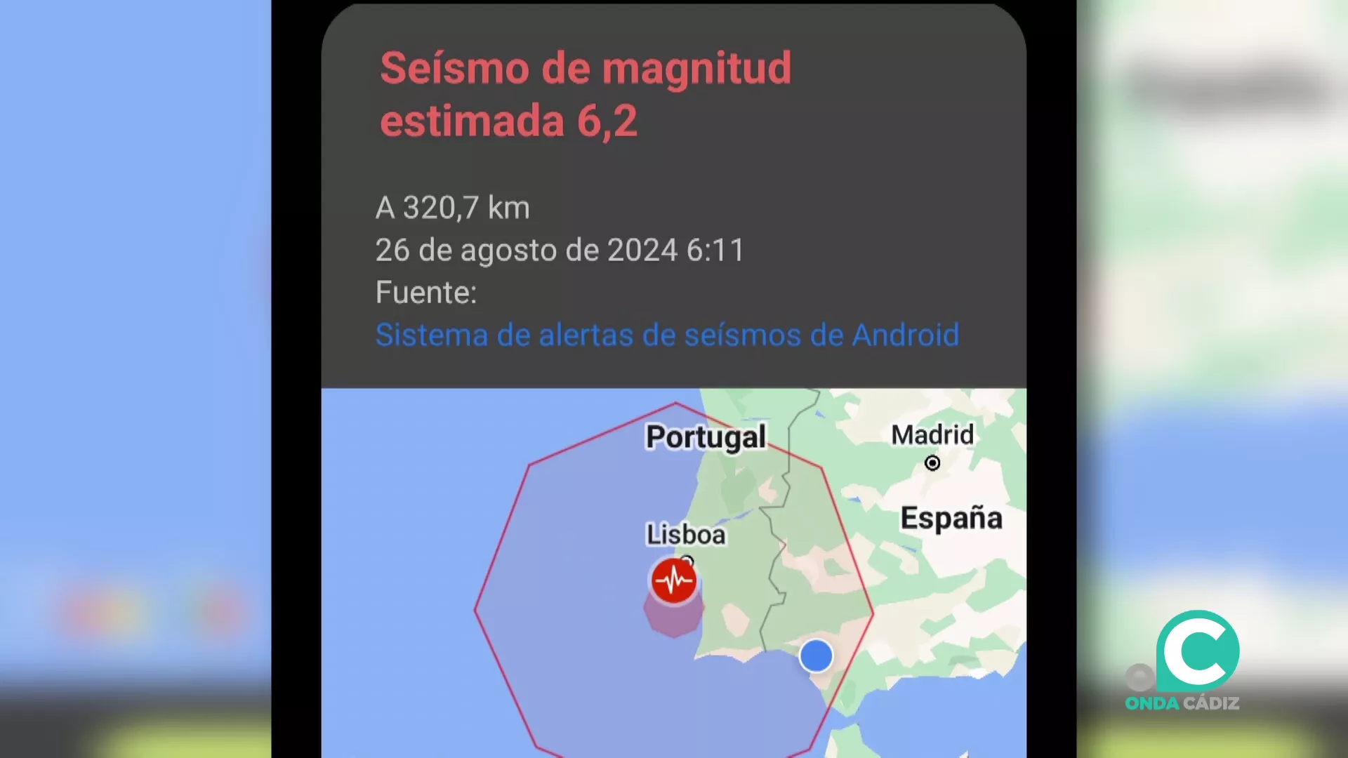 Imagen de la alerta del movil difundida por el terremoto registrado en tierras lusas