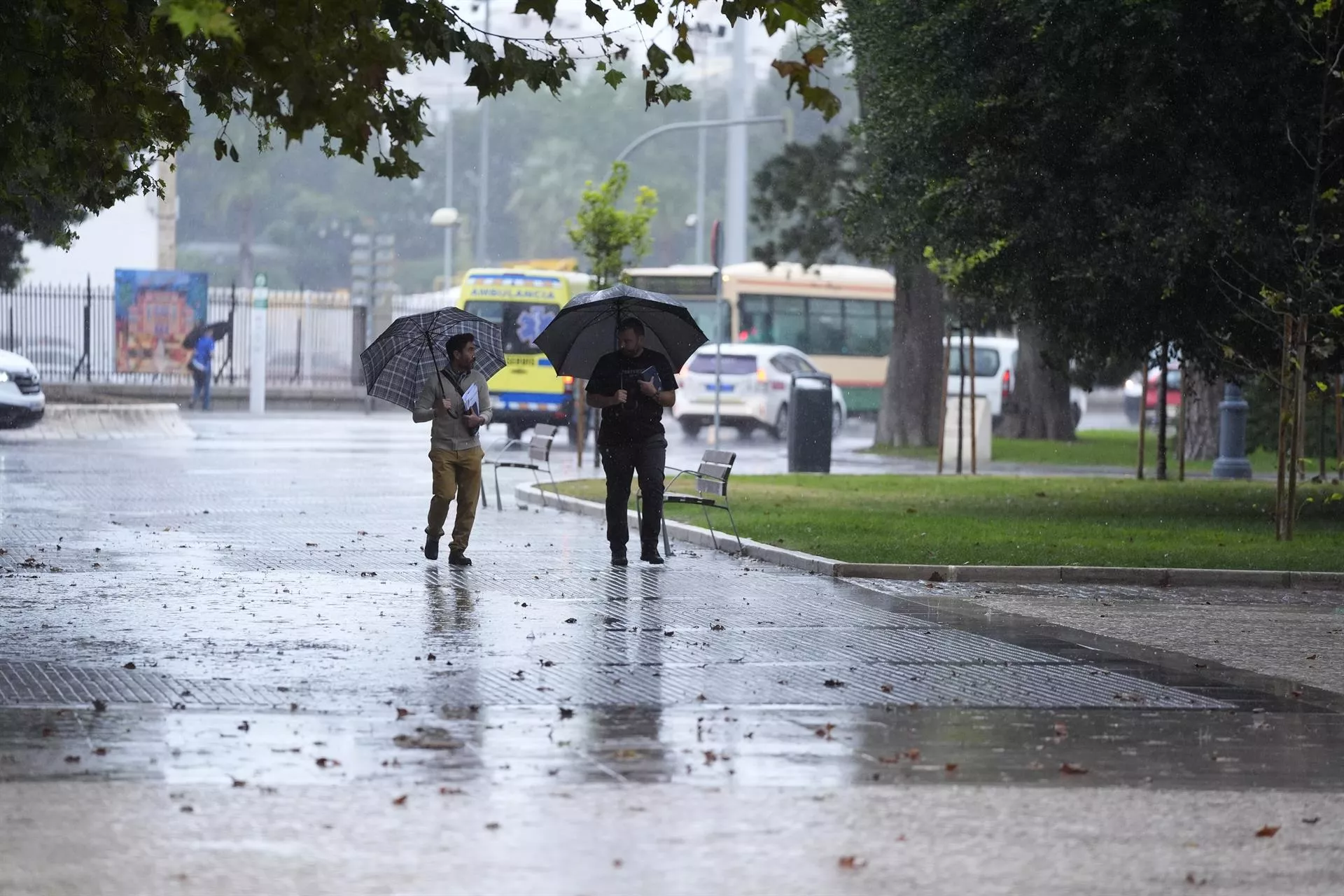 Transeuntes bajo sus paraguas durante la intensa lluvia en Canalejas