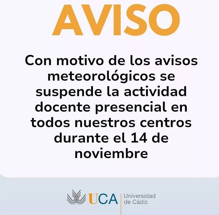 Aviso de la Universidad de Cádiz de suspensión de clases