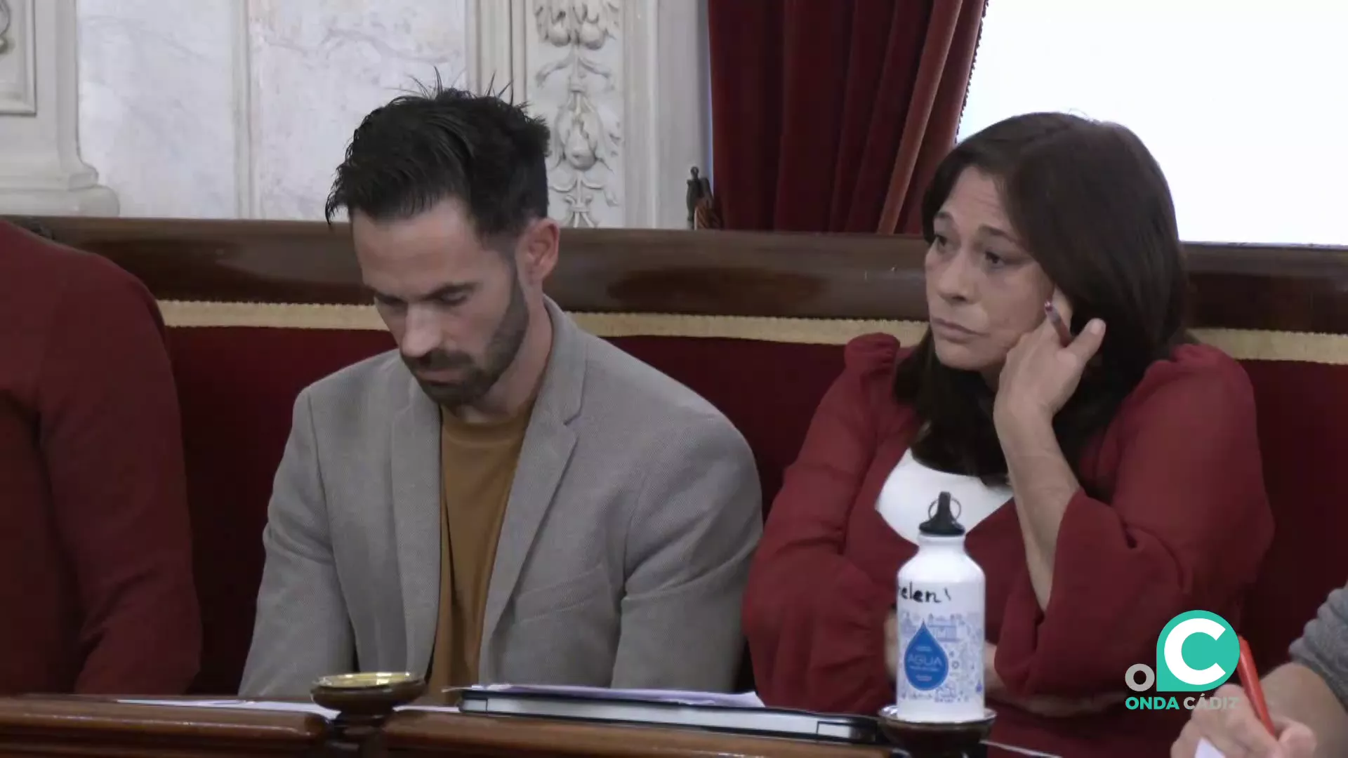 Los concejales de AIG, David de la Cruz y Helena Fernández, en una sesión ordinaria del Pleno del Ayuntamiento de Cádiz. 