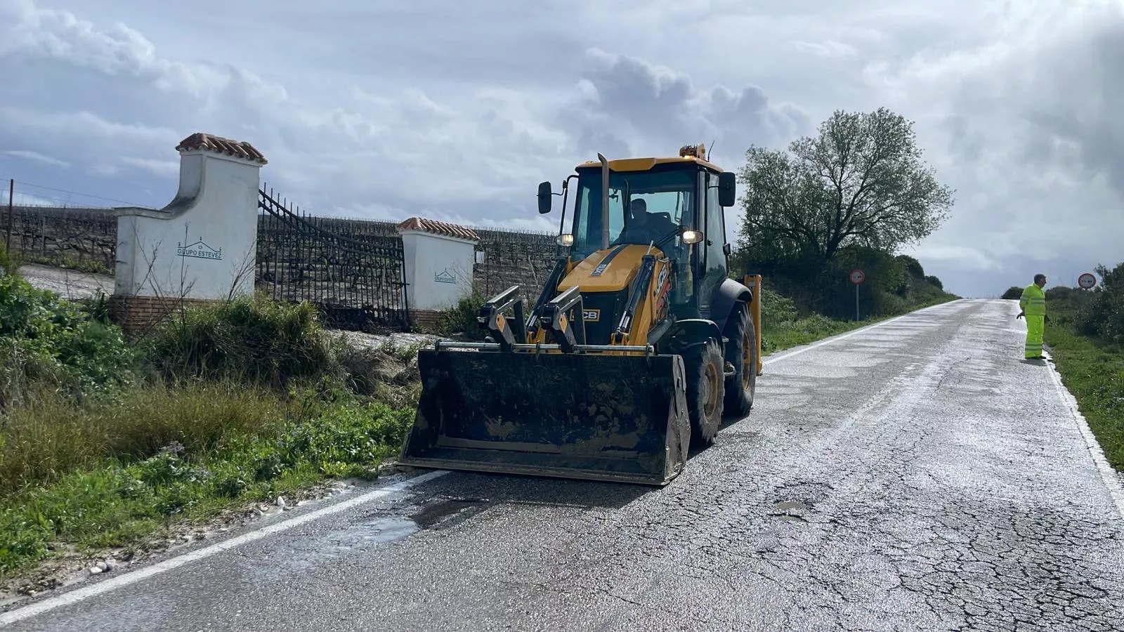 Una maquina realiza operaciones de limpieza en una via en el termino muncipal de Jerez