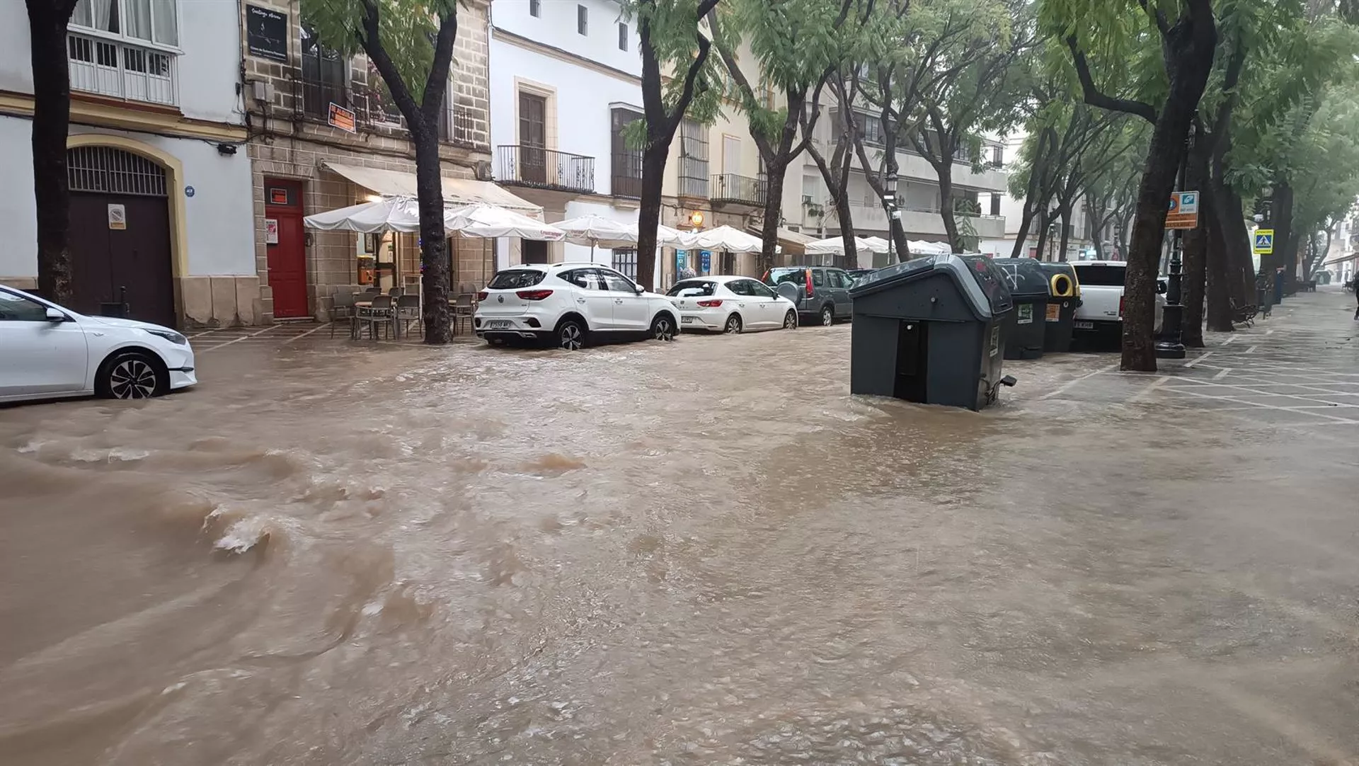 Imagen de la jerezana calle Porvera bajo los efectos de las fuertes precipitaciones