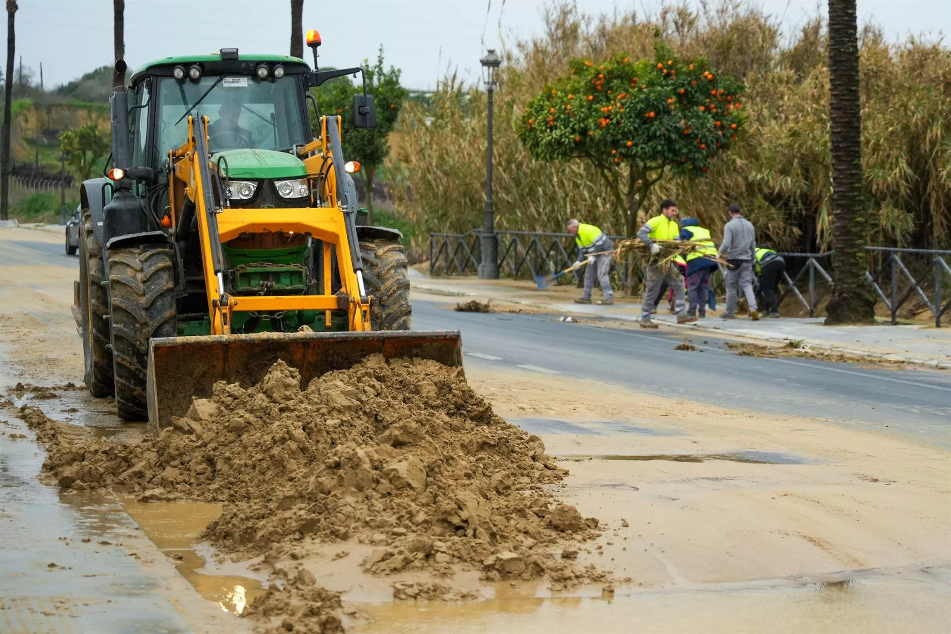 Operarios retiran barro de una carretera en el municipio de Moguer.