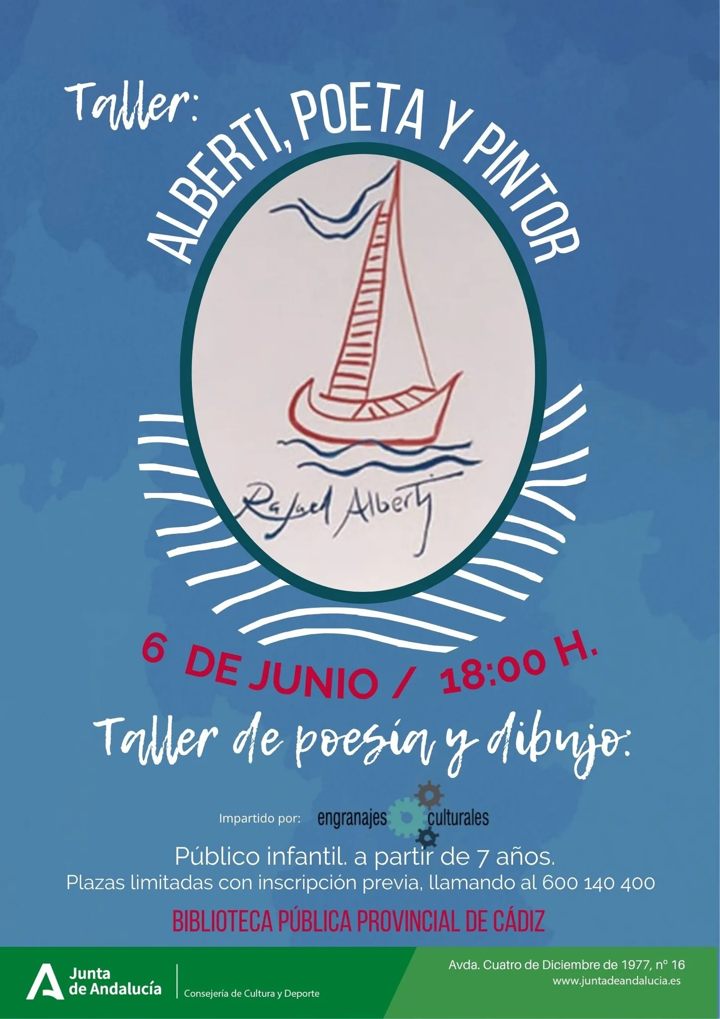 El taller infantil ‘Alberti, poeta y pintor’ será una de las actividades que completen el programa con motivo del centenario del Premio Nacional de Literatura a Rafael Alberti. El taller infantil ‘Alberti, poeta y pintor’ será una de las actividades que completen el programa con motivo del centenario del Premio Nacional de Literatura a Rafael Alberti.