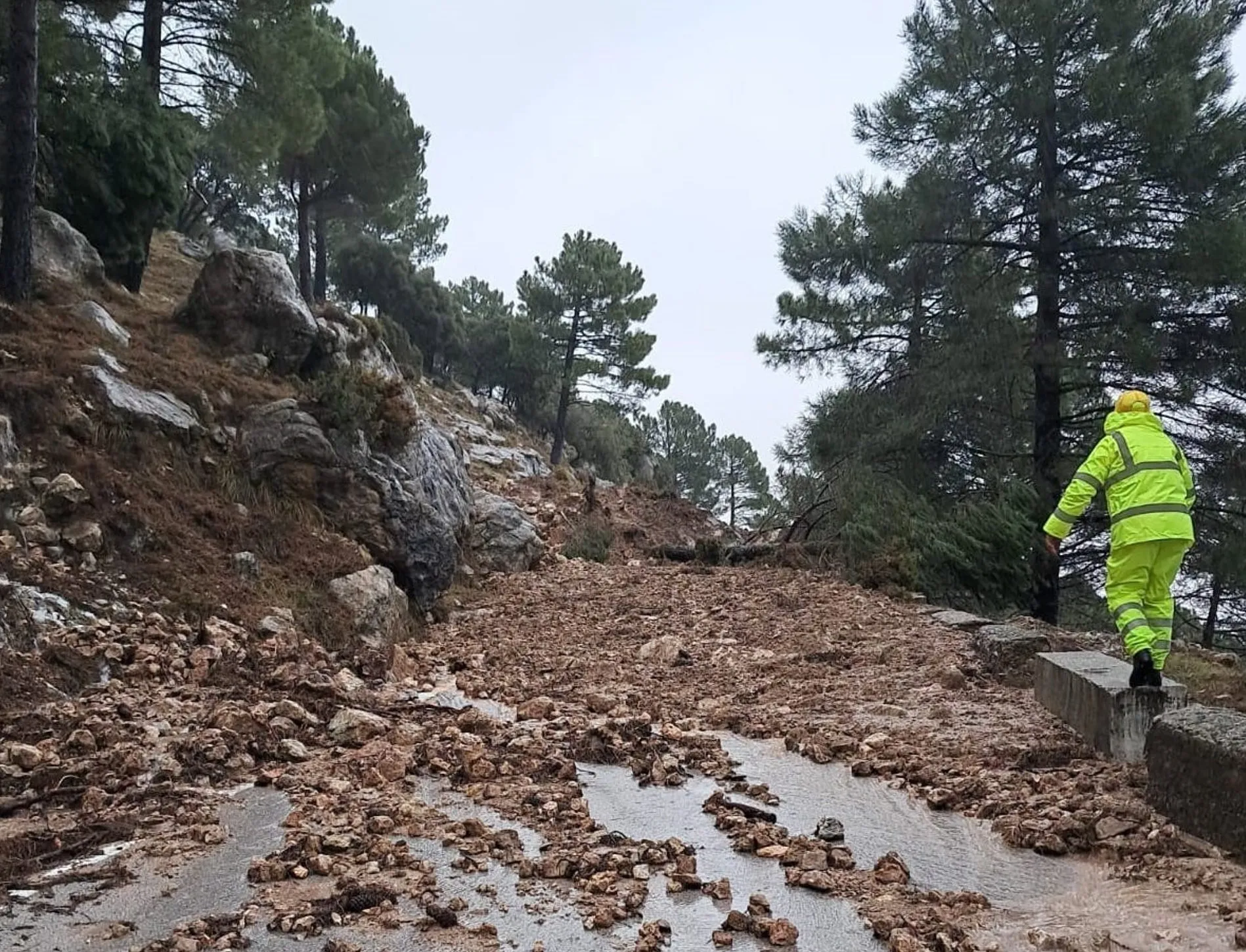 Operario en la Carretera Grazalema-Zahara afectada por delizamiento de tierras
